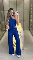 Conjunto Canelado | Cropped Bico e Calça Azul